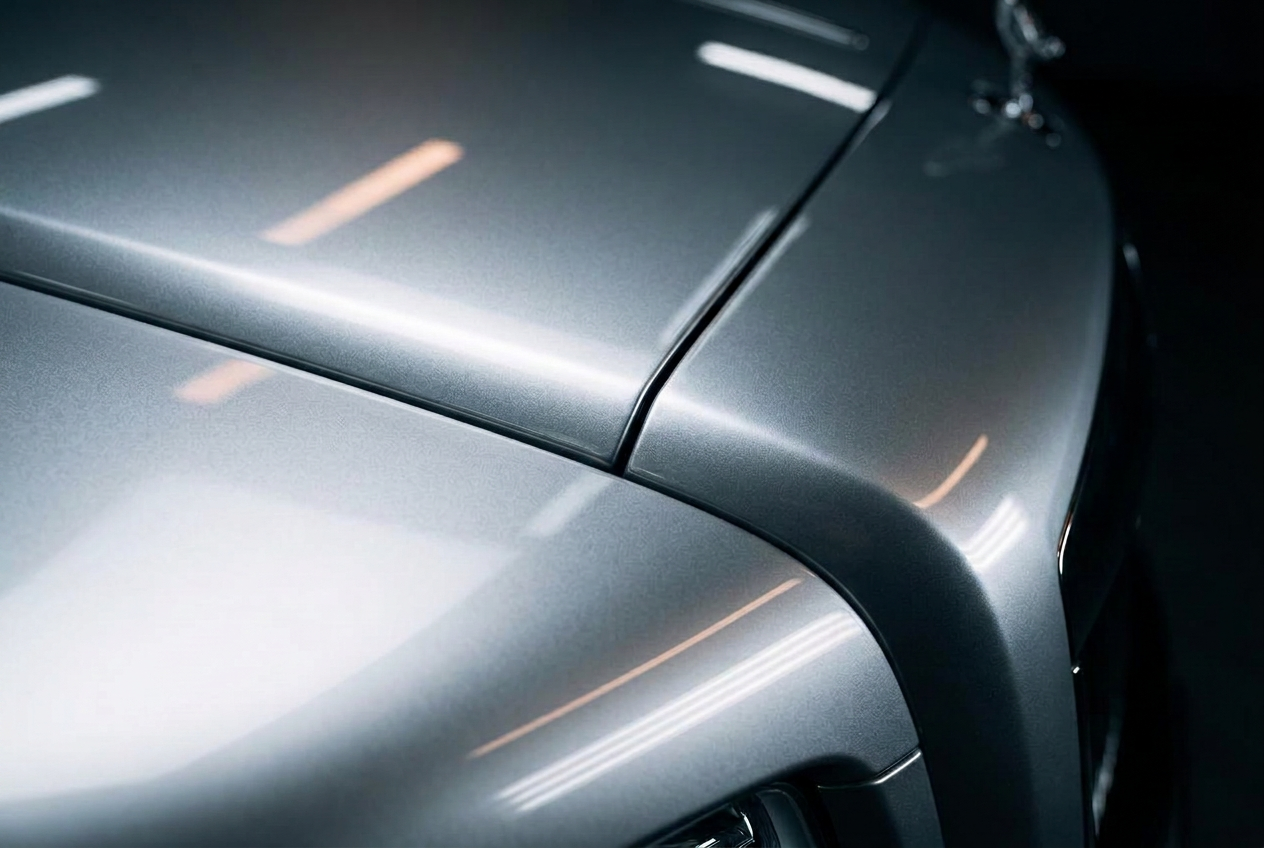 Close-up comparison of pristine silver front-end paint protected by transparent paint protection film